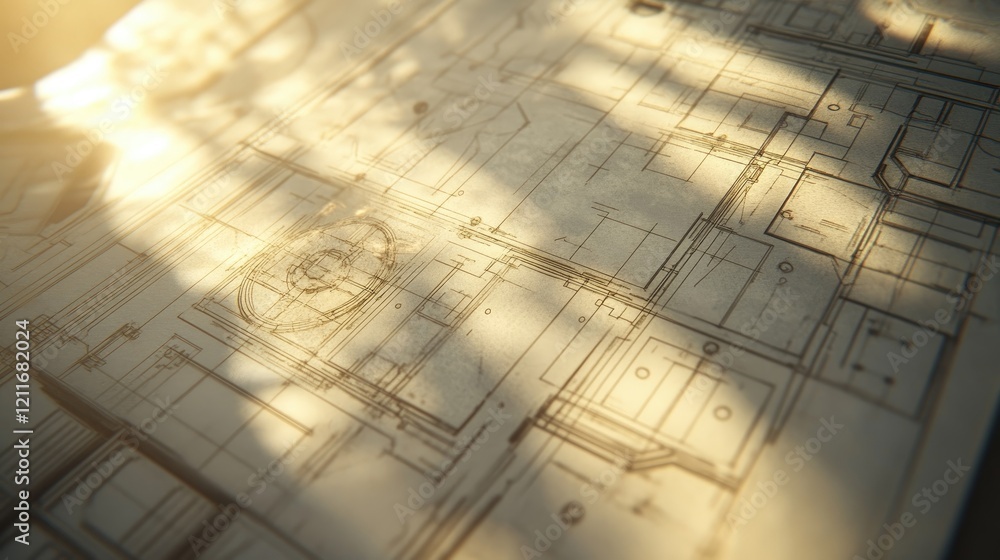 Poster Close-up of architectural blueprints with sunlight casting light effects on one side, emphasizing the detailed design elements and creative process.