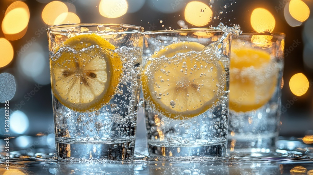 Poster refreshing sparkling water with lemon slices in glasses, close-up shot against a bokeh background. p