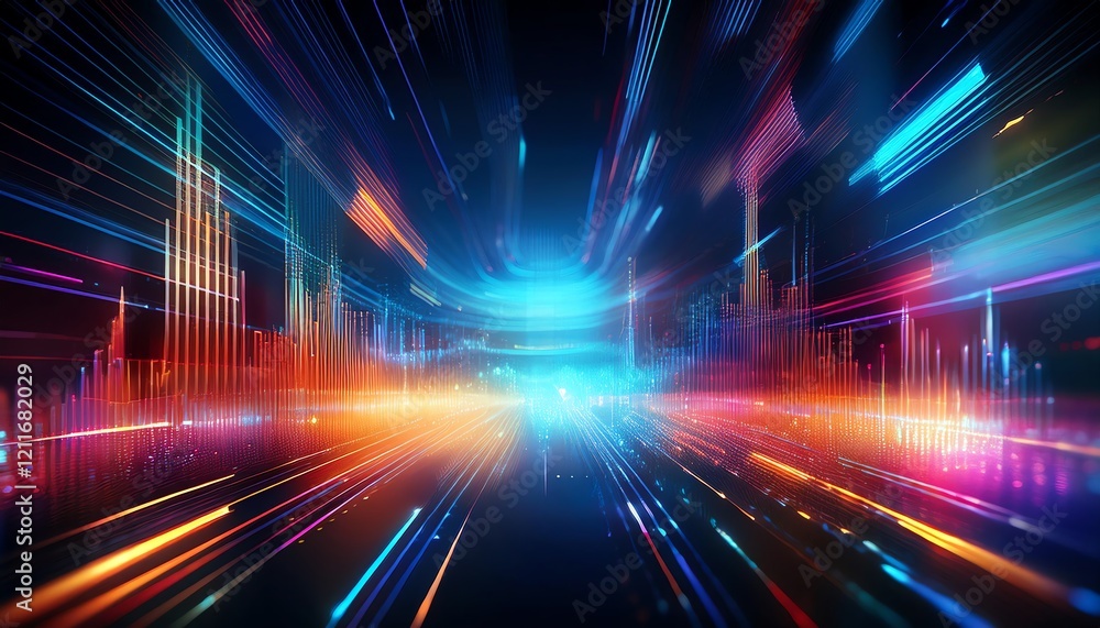 Poster a vibrant, abstract representation of sound waves and light trails, illustrating the dynamic relatio