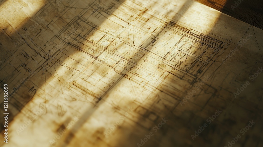 Aufkleber close-up of blueprints and architectural drawings, with sunlight streaming in from one side, highlig