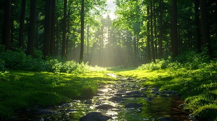 Fototapeta premium Serene Sunlight Streaming Through Lush Forest Surrounding Stream