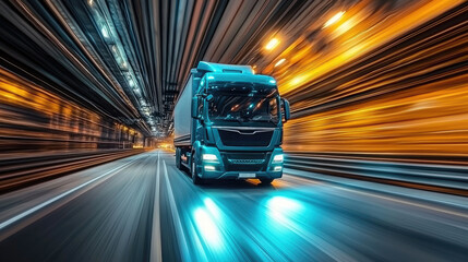 Fast Truck Driving Through a Tunnel at Night