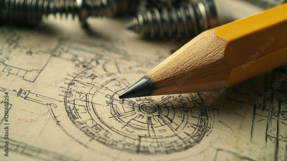 Poster close-up photo of a pencil on a technical drawing, with detailed mechanical parts visible in the bac