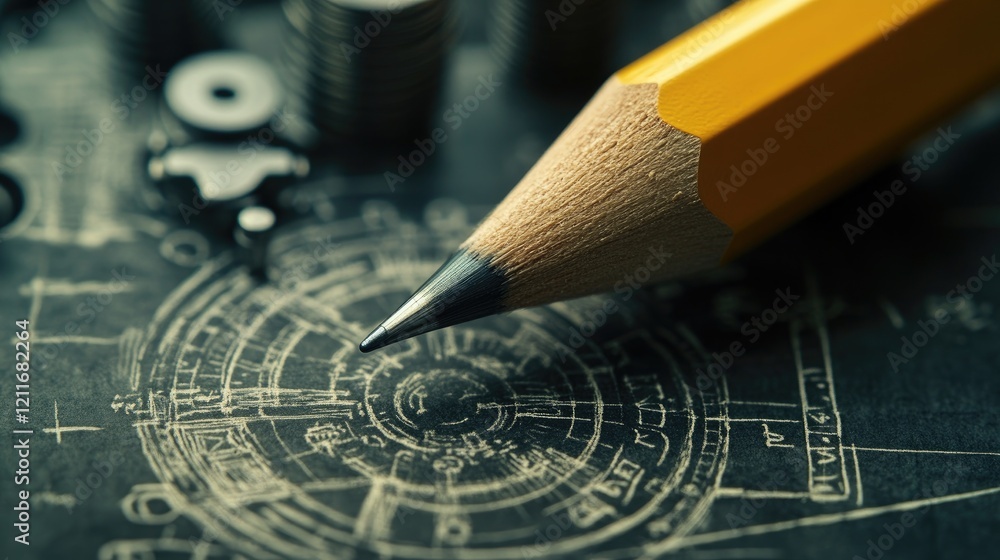 Poster close-up photo of a pencil on a technical drawing, with detailed mechanical parts visible in the bac