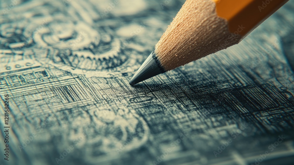 Poster close-up photo of a pencil on a technical drawing, with detailed mechanical parts visible in the bac