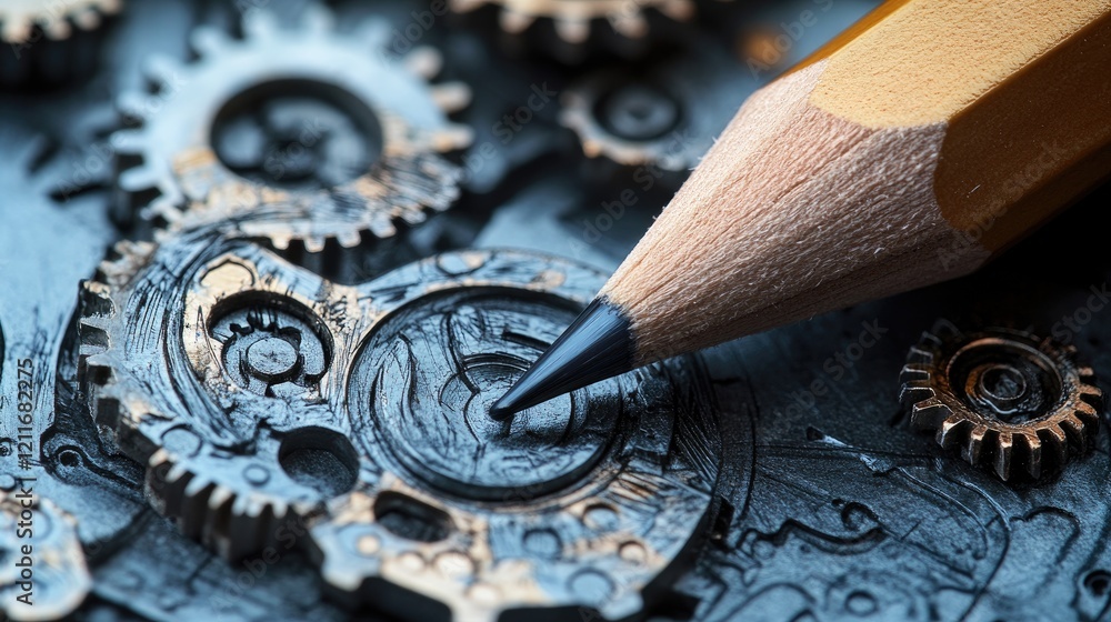 Aufkleber close-up photo of a pencil on a technical drawing, with detailed mechanical parts visible in the bac