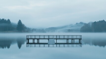 Misty lake pier, calm water, foggy hills, peaceful dawn, serenity
