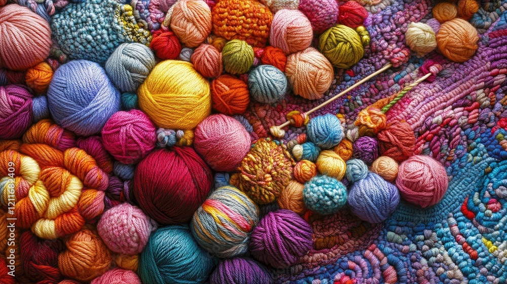 Poster colorful yarn balls and knitting needles arranged on a crocheted fabric, showcasing a close-up macro