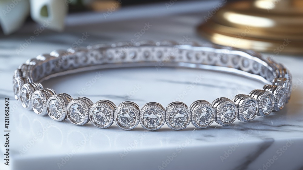 Poster An elegant diamond-studded bracelet resting on a marble countertop, showcasing the intricate details and the sparkle of each stone