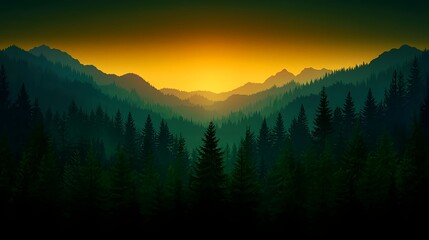 Obraz premium Serene Mountain Landscape at Dawn with Dense Forest and Misty Hills
