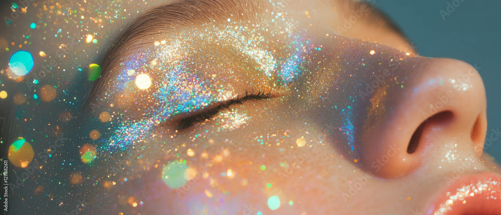 Poster sparkling body glitter creates a shimmering effect on skin with abstract shapes