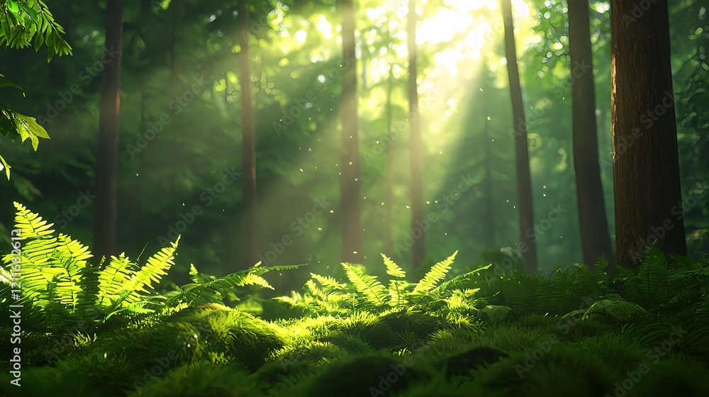 Poster Sunlit Forest with Ferns and Soft Rays of Light Through Trees