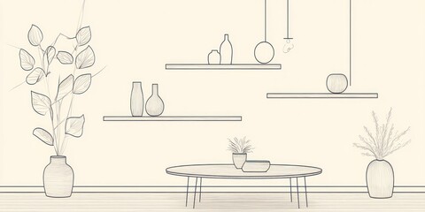 Minimalist Line Drawing Interior Room Design With Plants And Vases