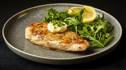 Delicious Cotoletta on Porcelain Plate with Fresh Greens and Lemon