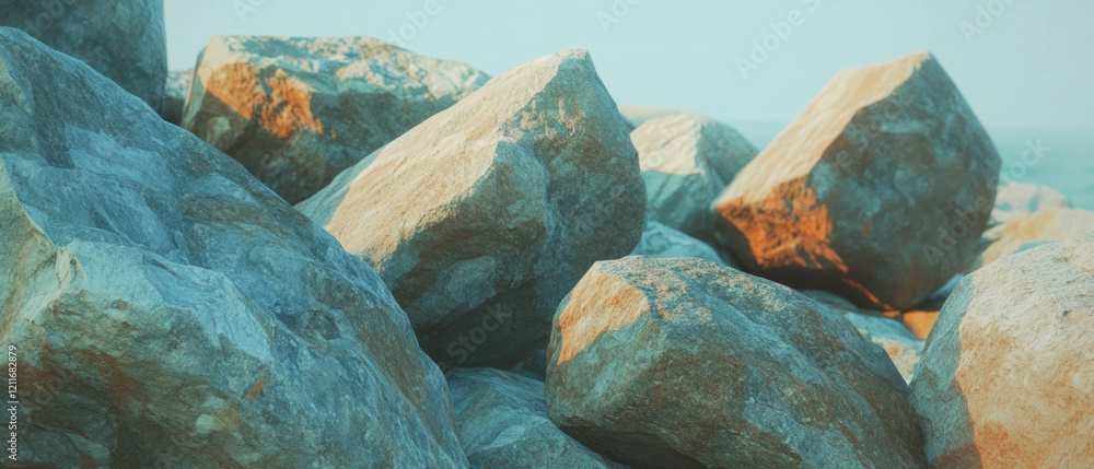 Aufkleber Boulders with intricate textures and irregular shapes resting in a natural setting by the shore