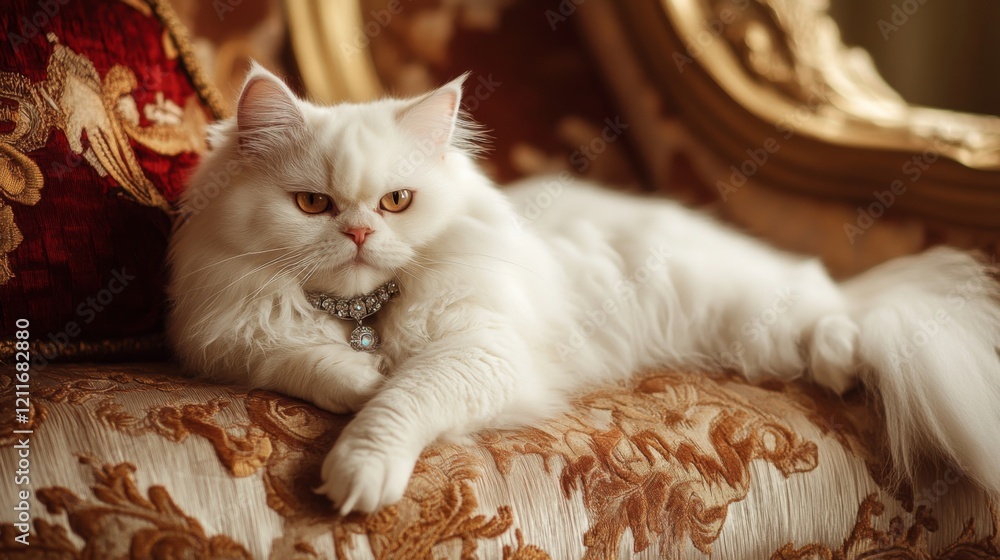 Poster an elegant white persian cat wearing a sparkling collar with a small gem, resting on a luxurious cus
