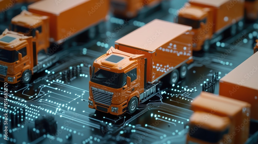 Poster miniature orange trucks placed strategically on a digital circuit, representing the future of logist