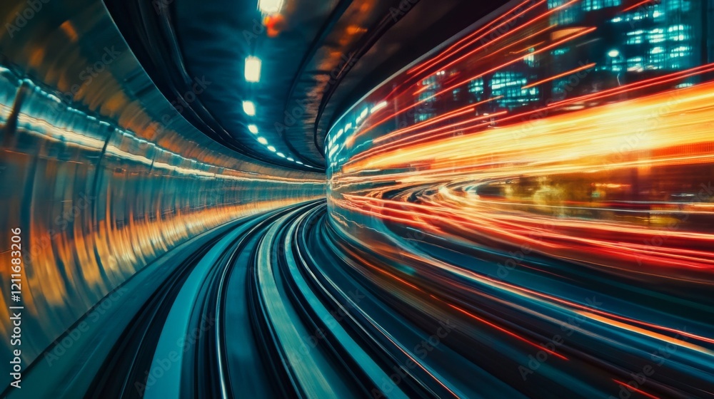 Poster an impressive view of a high-speed train passing through a tunnel, with lights reflecting off its sl