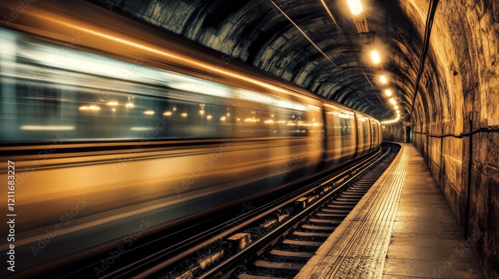 Poster an impressive view of a high-speed train passing through a tunnel, with lights reflecting off its sl