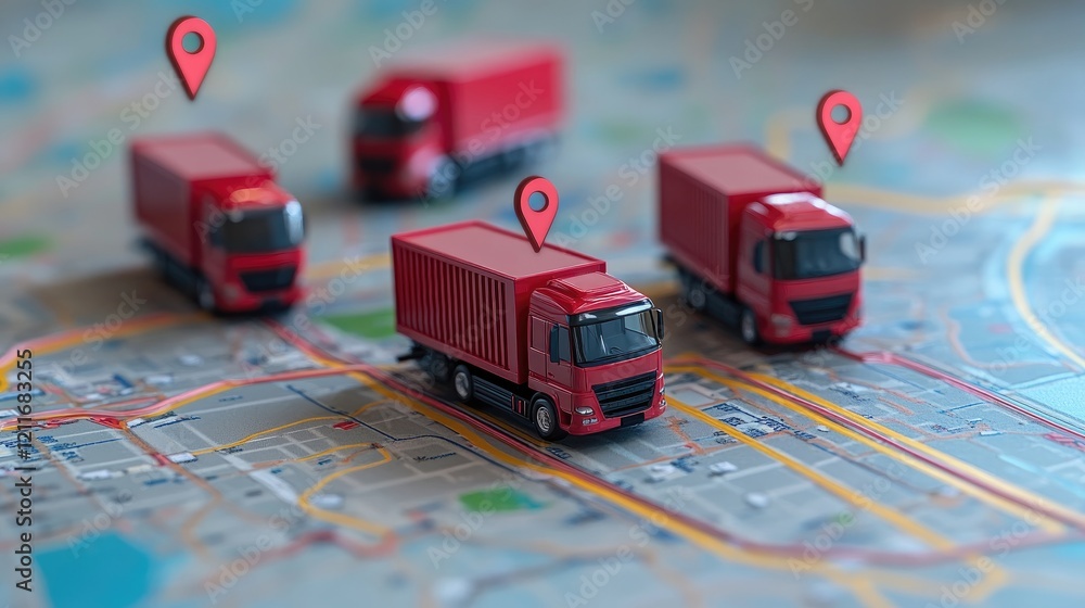 Poster miniature red trucks placed on a digital map, representing logistics and the advanced tracking syste