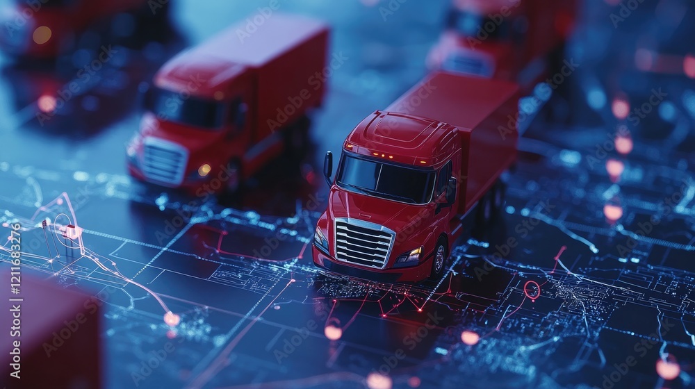 Poster Miniature red trucks placed on a digital map, representing logistics and the advanced tracking systems used in modern transportation and location management.