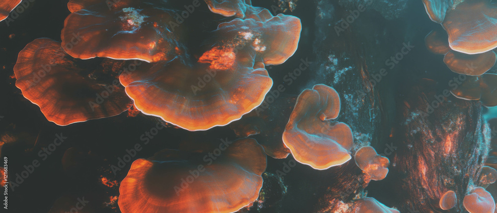 Poster exploring the vibrant textures of bracket fungus in a forest environment