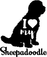 Sheepadoodle dog silhouette, dog, dog breeds, logo, vector, love me love my dog, silhouette, i love my dog, animal, illustration, icon, sign, design, black, symbol, pet, love