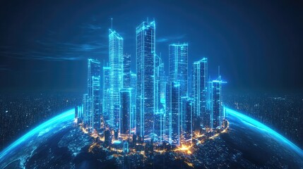 Neon-lit skyscrapers in a futuristic metropolis hover above a glowing Earth, symbolizing a vision of advanced urban development.