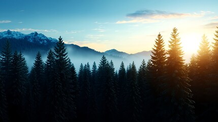 Obraz premium Serene Sunrise Over Misty Pine Forest in Majestic Mountain Landscape