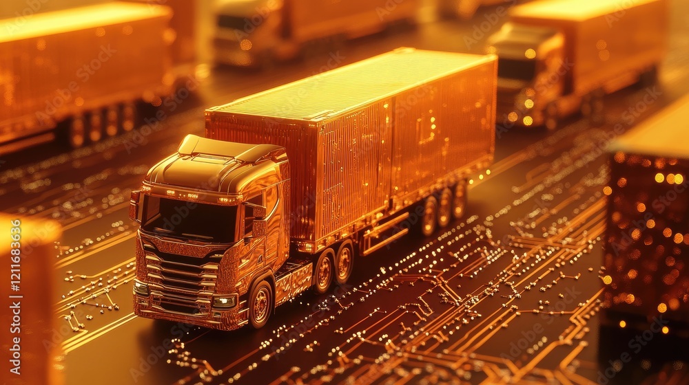 Poster orange shipping trucks placed on a circuit background, symbolizing the integration of logistics with