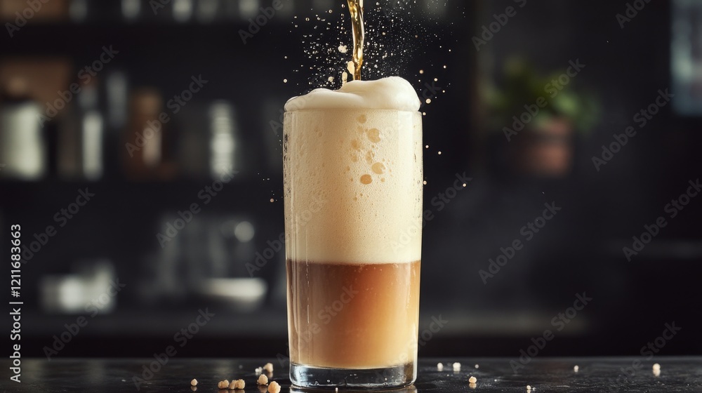 Poster an inviting image of a frothy beer being poured into a tall glass, with bubbles rising and a perfect