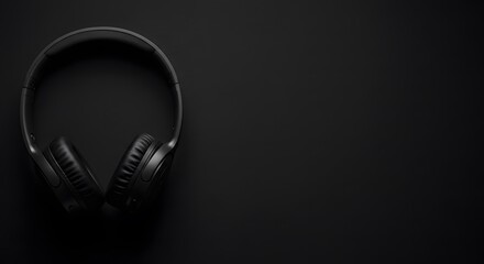 Sleek pair of modern headphones on a solid black background featuring ample blank space on the right for text or creative designs.