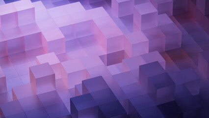 Precisely Aligned Translucent Blocks. Violet and Orange, Futuristic Tech Background. 3D Render.