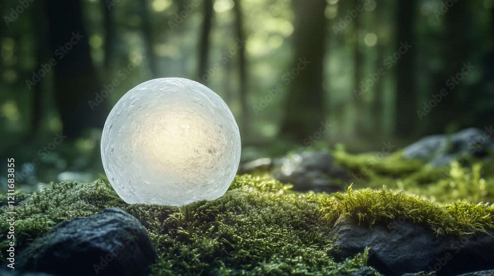 Poster a frosted orb with a textured surface, softly illuminated from within, placed on a bed of moss in a 