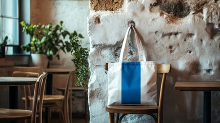 Charming cafe corner with a blue tote bag resting on a wooden chair surrounded by greenery and rustic walls in a cozy morning atmosphere