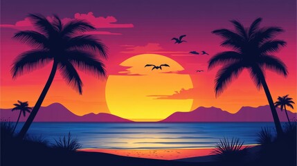 Silhouetted palm trees on a calm beach, with a gradient sunset sky casting radiant colors over the horizon for a peaceful scene.
