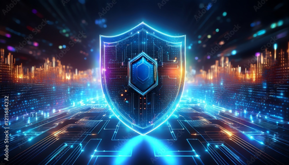 Poster a glowing digital shield symbolizing cybersecurity amidst a futuristic background of data streams an