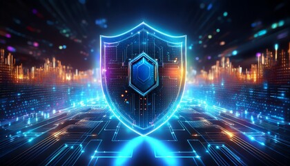 A glowing digital shield symbolizing cybersecurity amidst a futuristic background of data streams and vibrant lights.