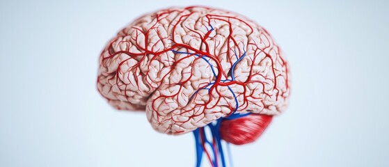 Stroke brain prevention concept. Realistic depiction of a human brain with detailed blood vessels on a light background.