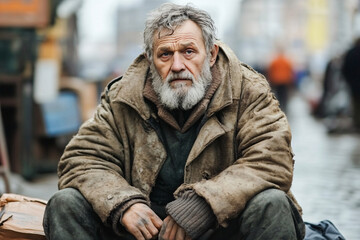 Obraz premium dirty old homeless man sitting on the street