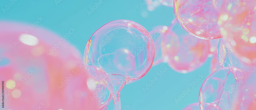 Poster bubblegum texture expanding into a bubble with thin walls against a vibrant background
