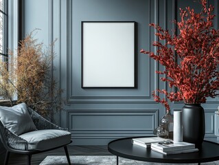 Elegant living room interior featuring a blank poster frame on the wall and a black oval table with decorative books and vases. Daylight enhances the 3D render of a house background.