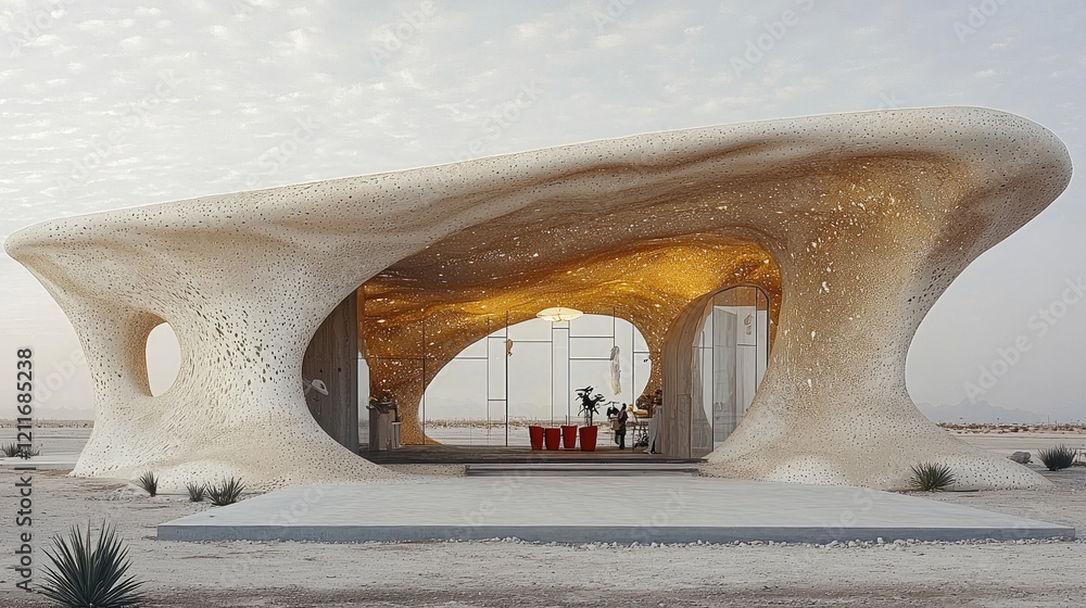 Poster pop-up business centre in a beige color, made with sand and white rocks. it is located on a desert a