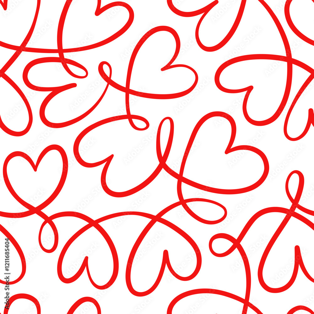 Poster heart swirls cursive ink red linear seamless repeating transparent valentine day pattern