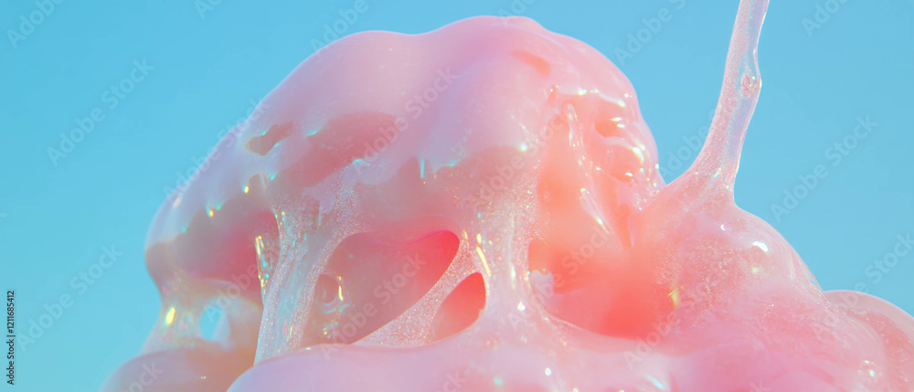 Poster melting bubblegum creating a gooey texture against a bright blue background