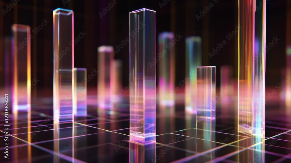 Poster a d bar graph with transparent glass-like bars rising to different heights, representing financial g