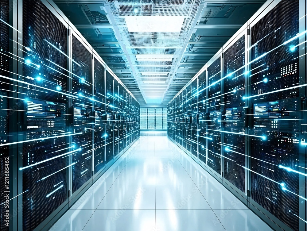 Poster a sleek server room with glowing data nodes symbolizing efficient information storage and retrieval 