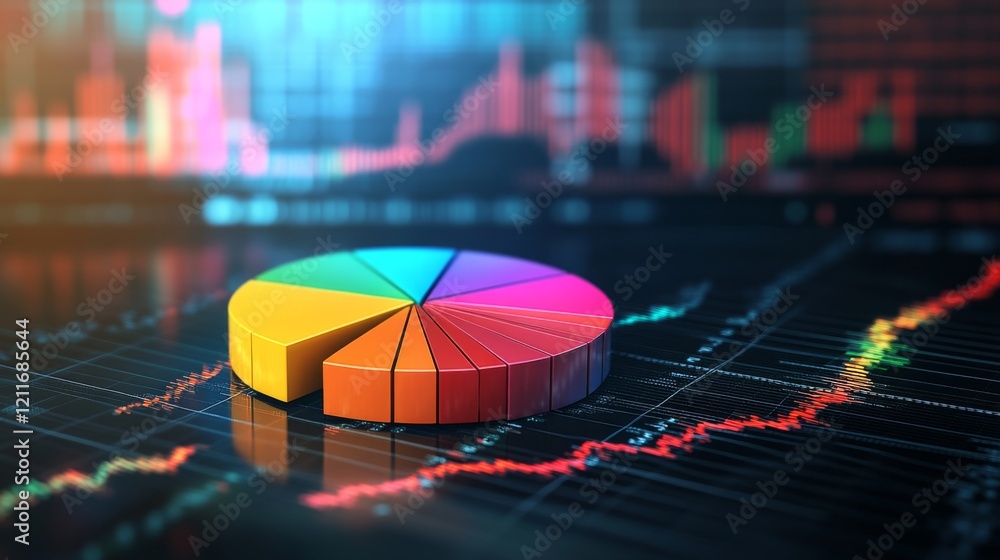 Poster a d financial pie chart with vibrant colors, representing different revenue streams, set against a d