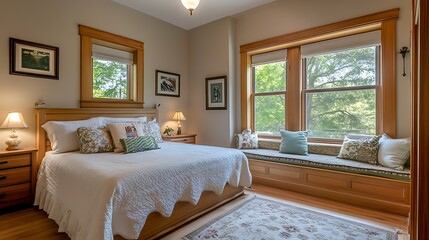Serene Bedroom with Wooden Accents and Window Seat