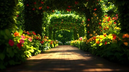 Obraz premium Serene Pathway Through Colorful Flower Archways in Lush Garden